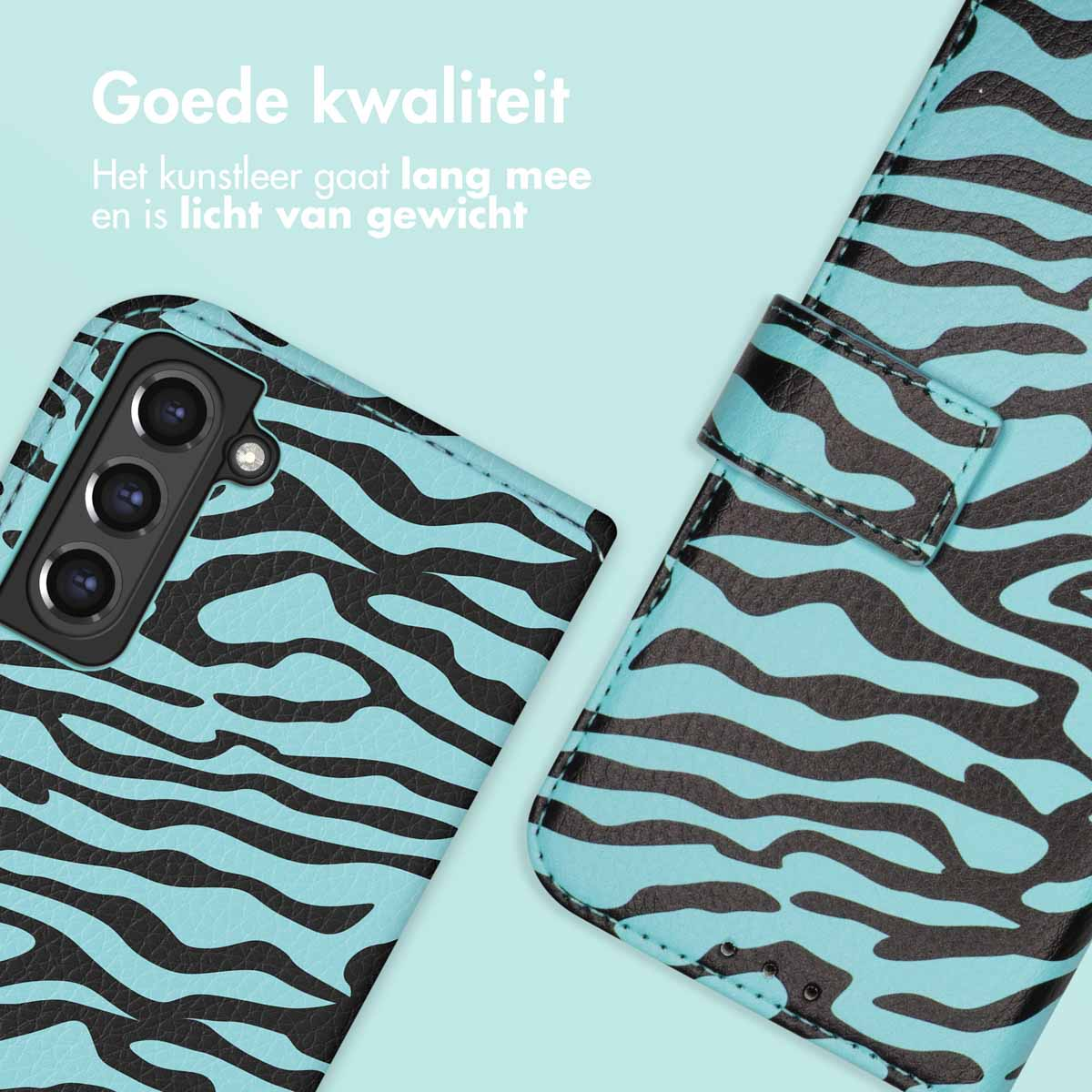 Coque avec imprimé zébré. Coque ouverte, montrant le téléphone.
