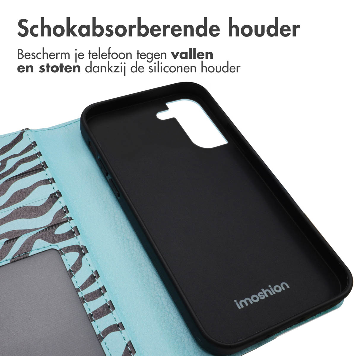 Coque noire avec téléphone. Gros plan. Coque noire avec motif bleu et blanc. Texte : Support absorbant les chocs.