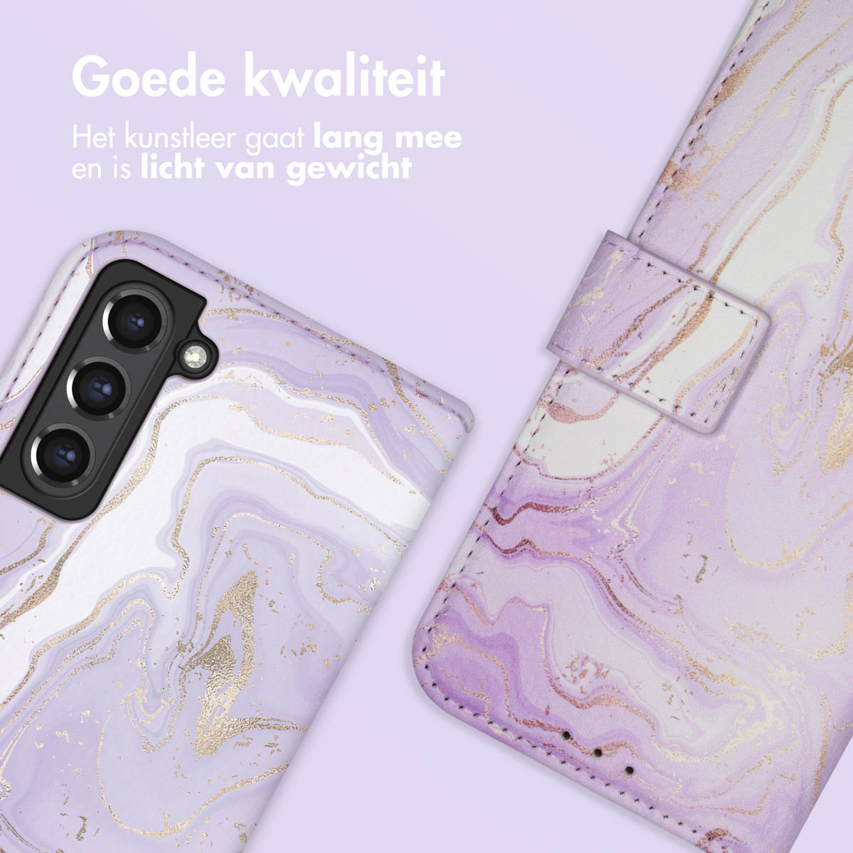 Coque et portefeuille en marbre violet. Montrant le design et la texture.