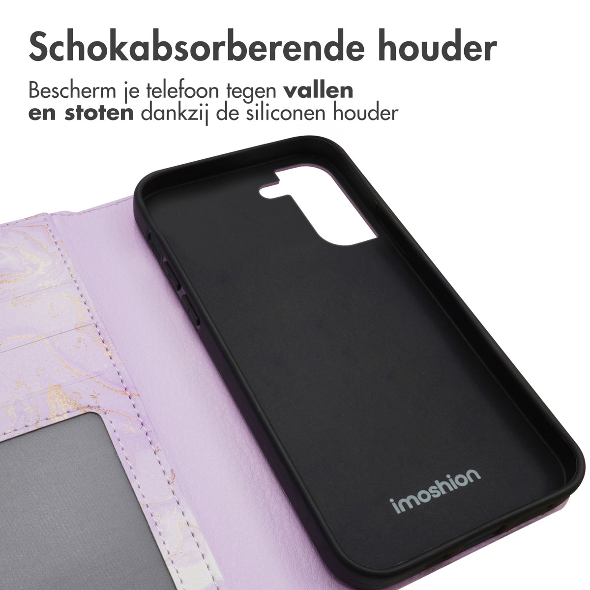 Une coque de téléphone avec un motif marbré. Texte : Support absorbant les chocs. Protège votre téléphone.