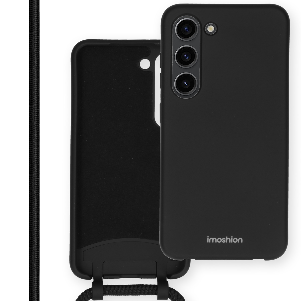 Zwarte telefoonhoes met een zwarte telefoon. De hoes heeft een lanyard-aansluiting en Imoshion logo.