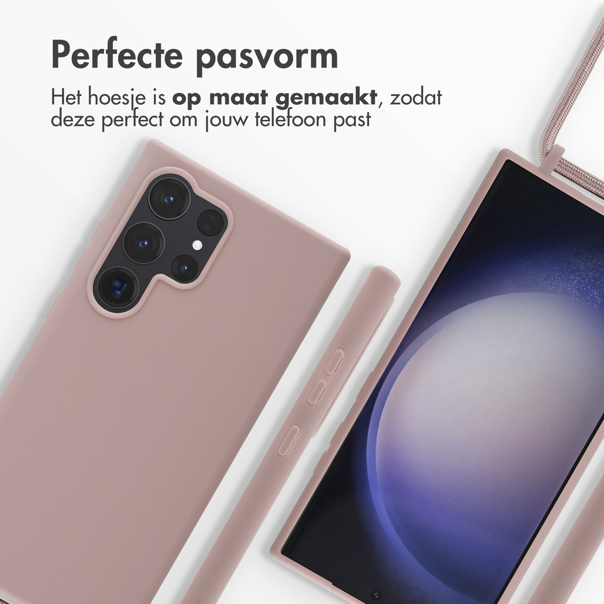 Custodia e telefono rosa con laccetto, su sfondo bianco. Testo: 'Vestibilità perfetta'.