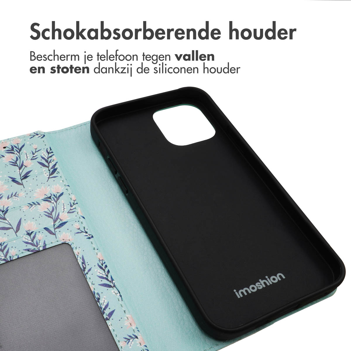 Schwarze Handyhülle, offen, mit blauem, geblümtem Bezug. Text oben sagt 'Stoßdämpfende Halterung'.