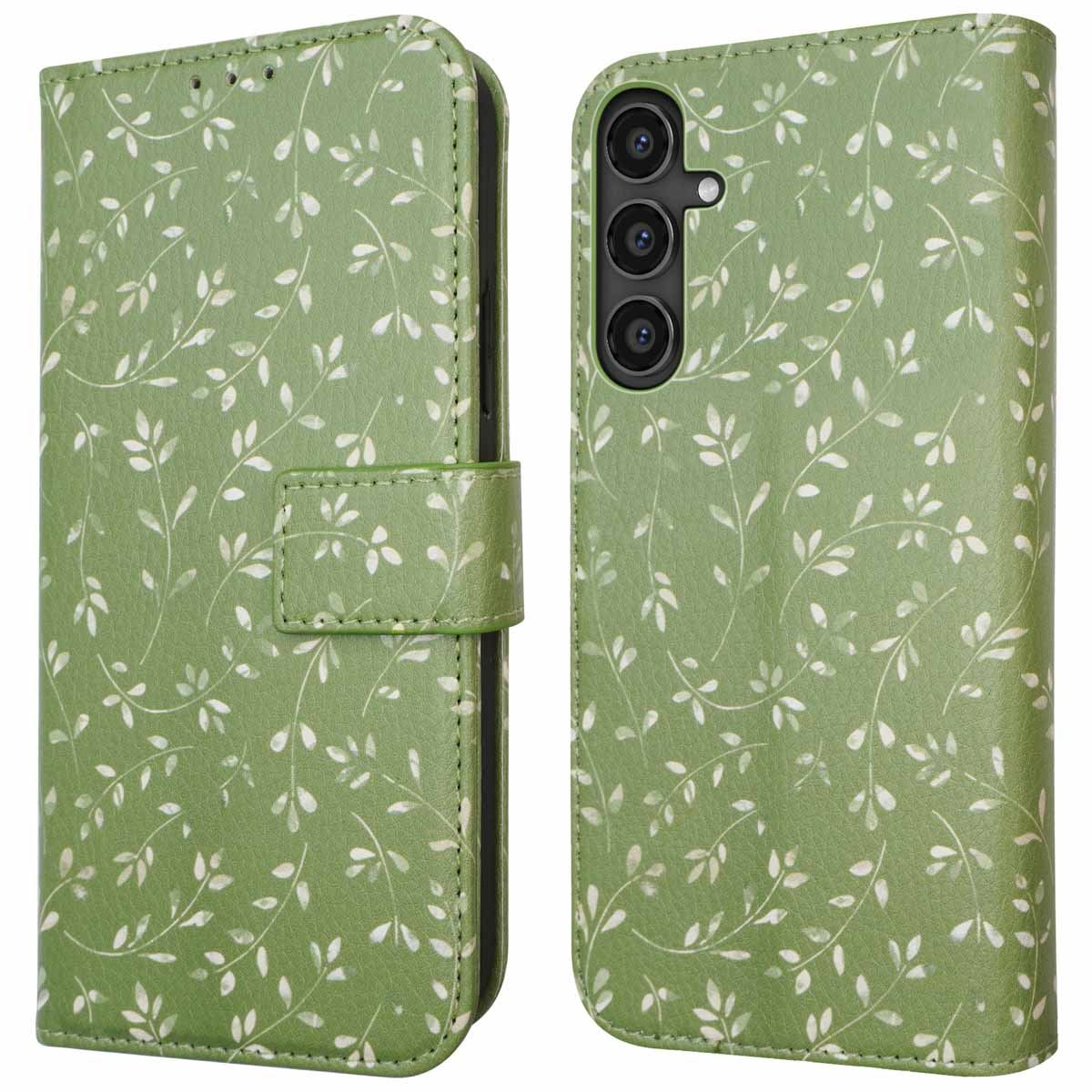 Een groene telefoonhoes, open, met een telefoon met groene bladerpatronen.