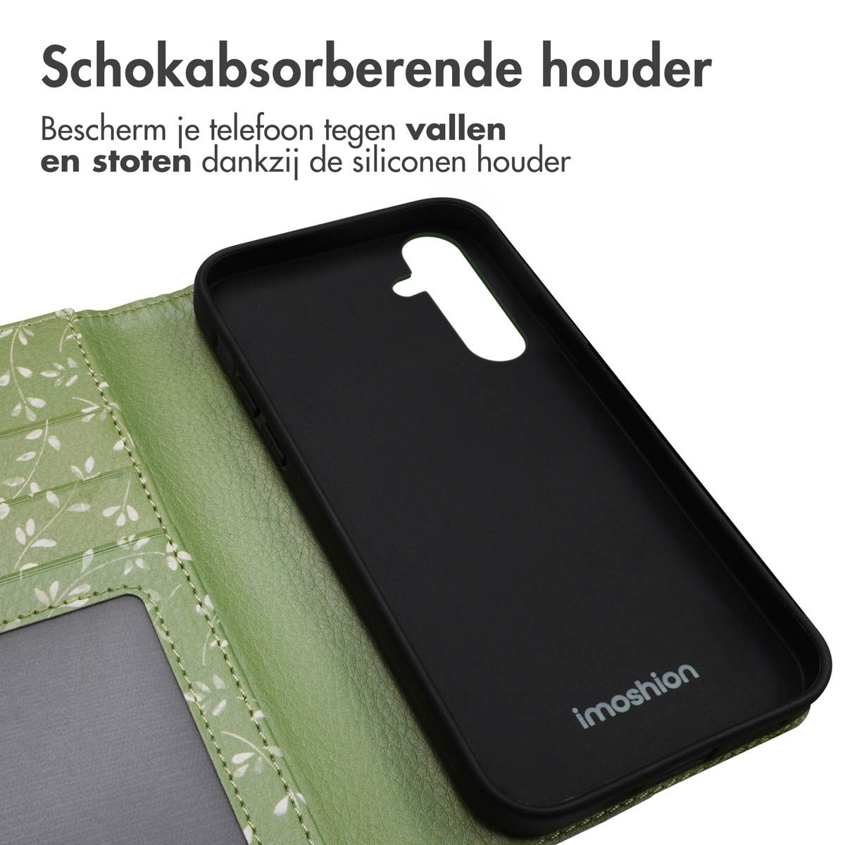 Een groene bloemen telefoonhoes open met een zwarte telefoon erin. De hoes beschermt tegen vallen.