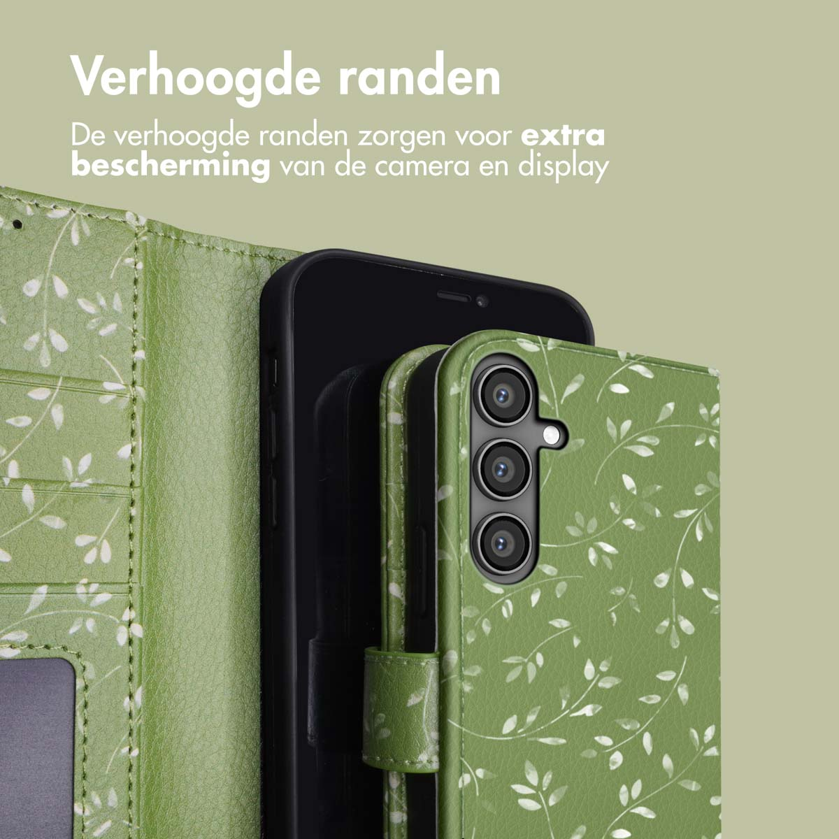 Groene telefoonhoes met wit bladerenontwerp op een witte achtergrond.