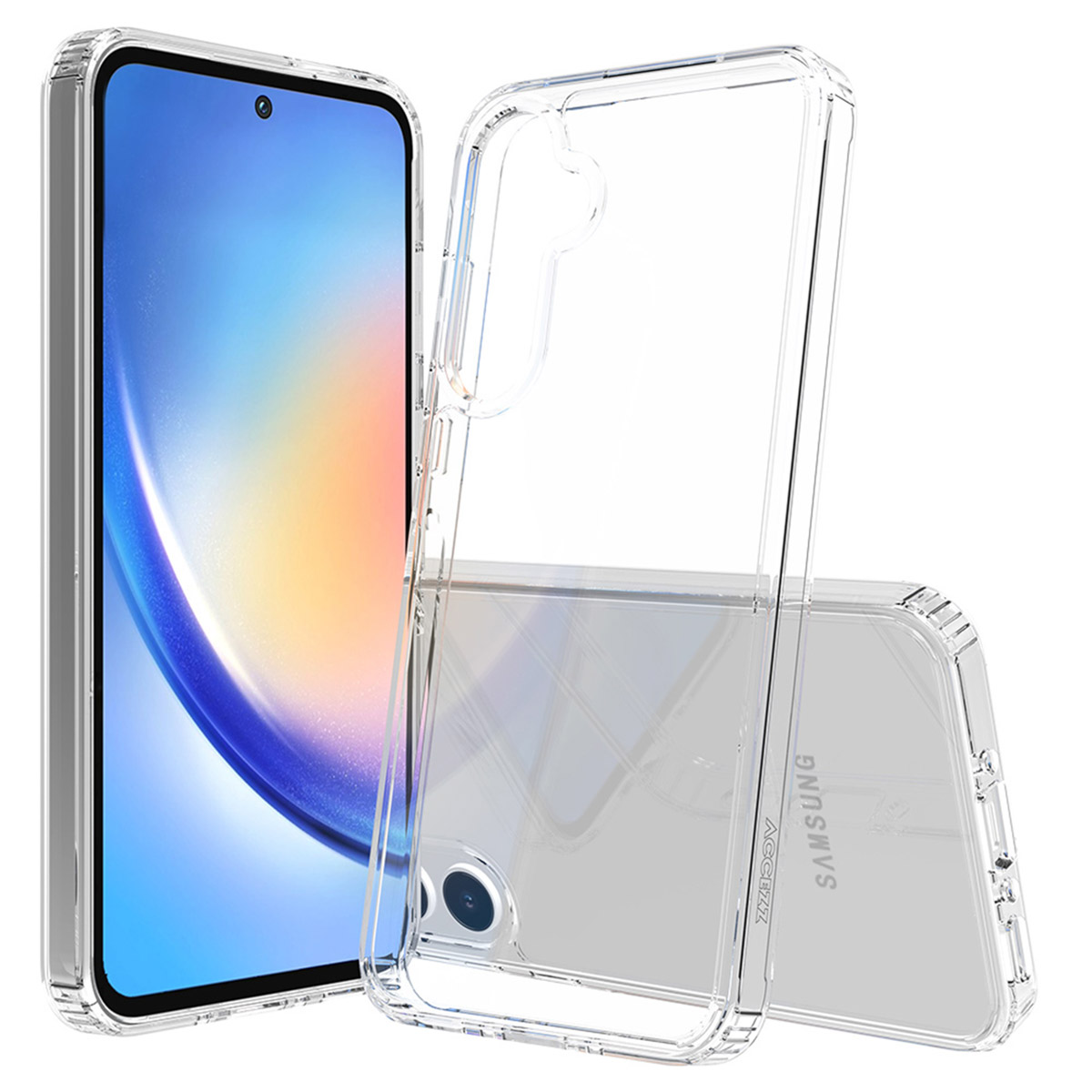 Coque de téléphone transparente sur un téléphone. Le téléphone est bleu et a une caméra. Une seconde coque est visible.