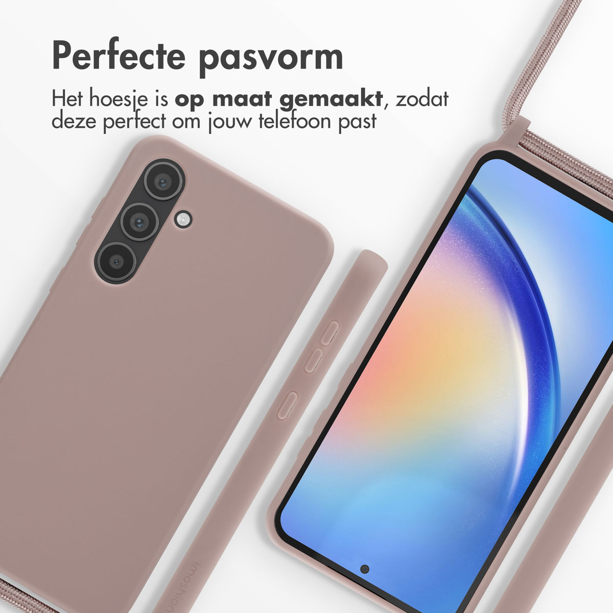 Roze telefoonhoes en telefoon met koord, beide op een witte ondergrond. Tekst: 'Perfecte pasvorm'.