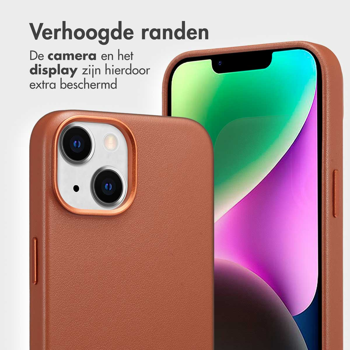 Bruine telefoonhoes met telefoon. Tekst: Verhoogde randen.