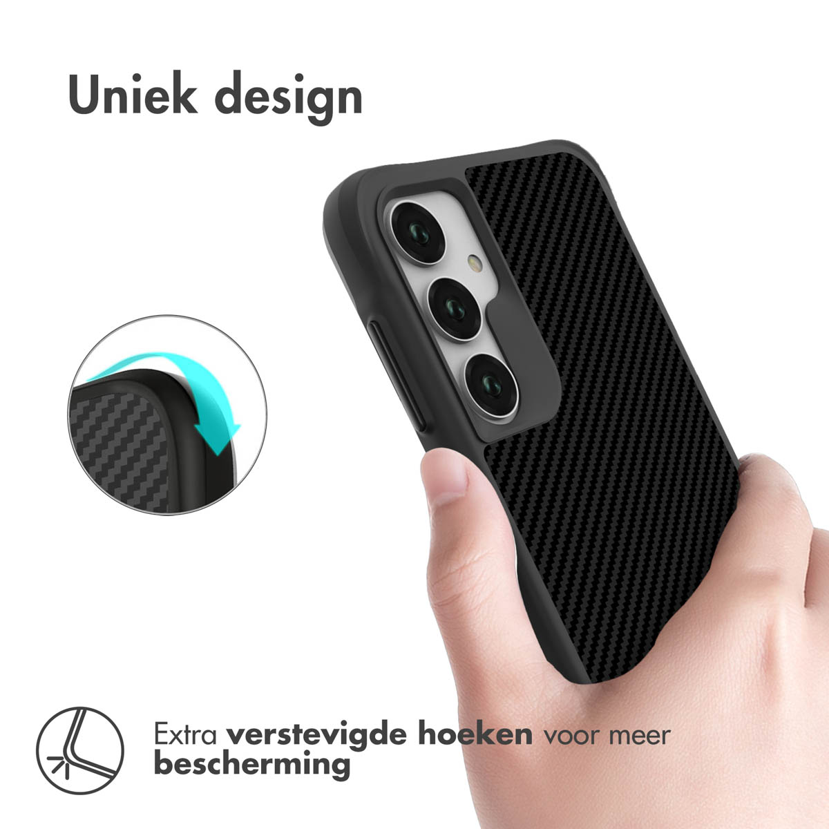 Coque de téléphone noire avec un design en fibre de carbone. Une main tient le téléphone. Texte : Design unique.