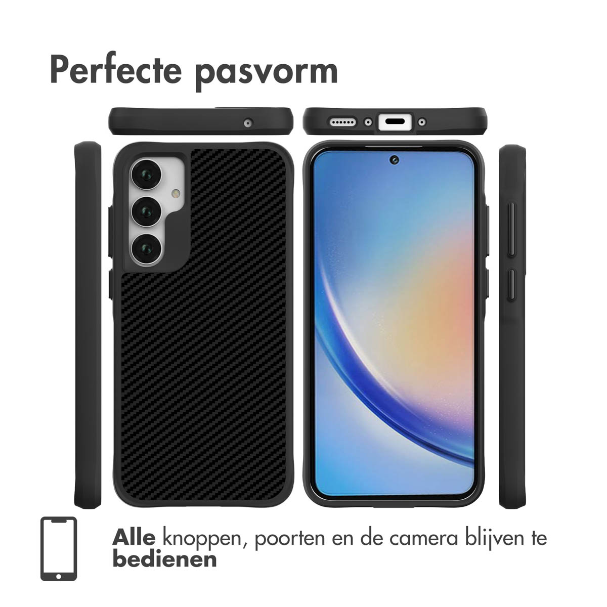 Zwarte telefoonhoes van koolstofvezel met een telefoon rechts. Meerdere hoesonderdelen.
