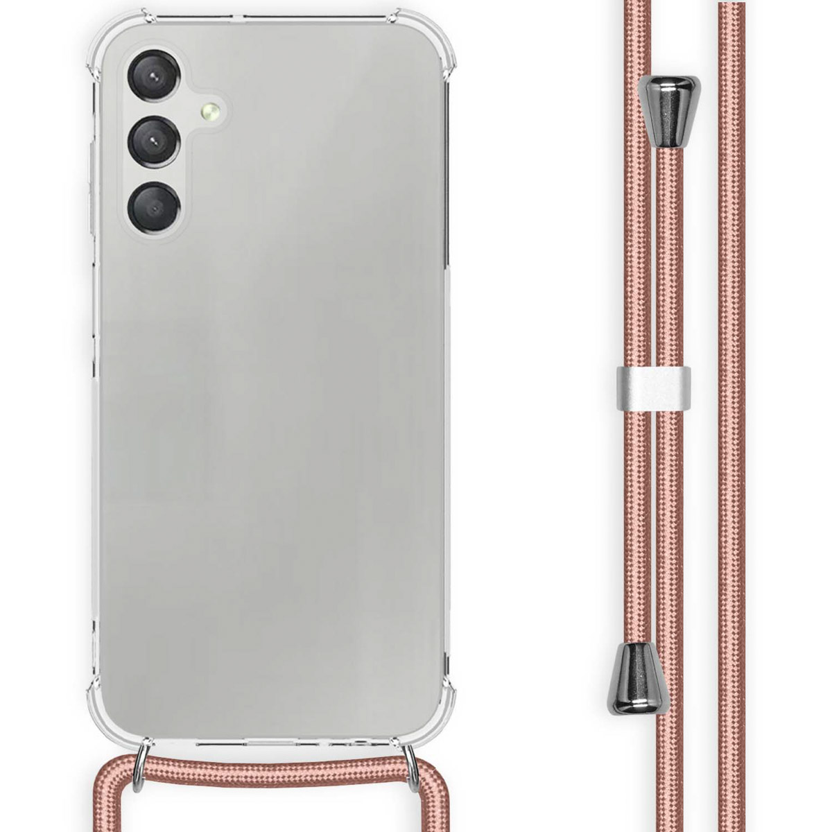 Un téléphone avec un dos transparent et un cordon rose. Le téléphone a un cordon rose.