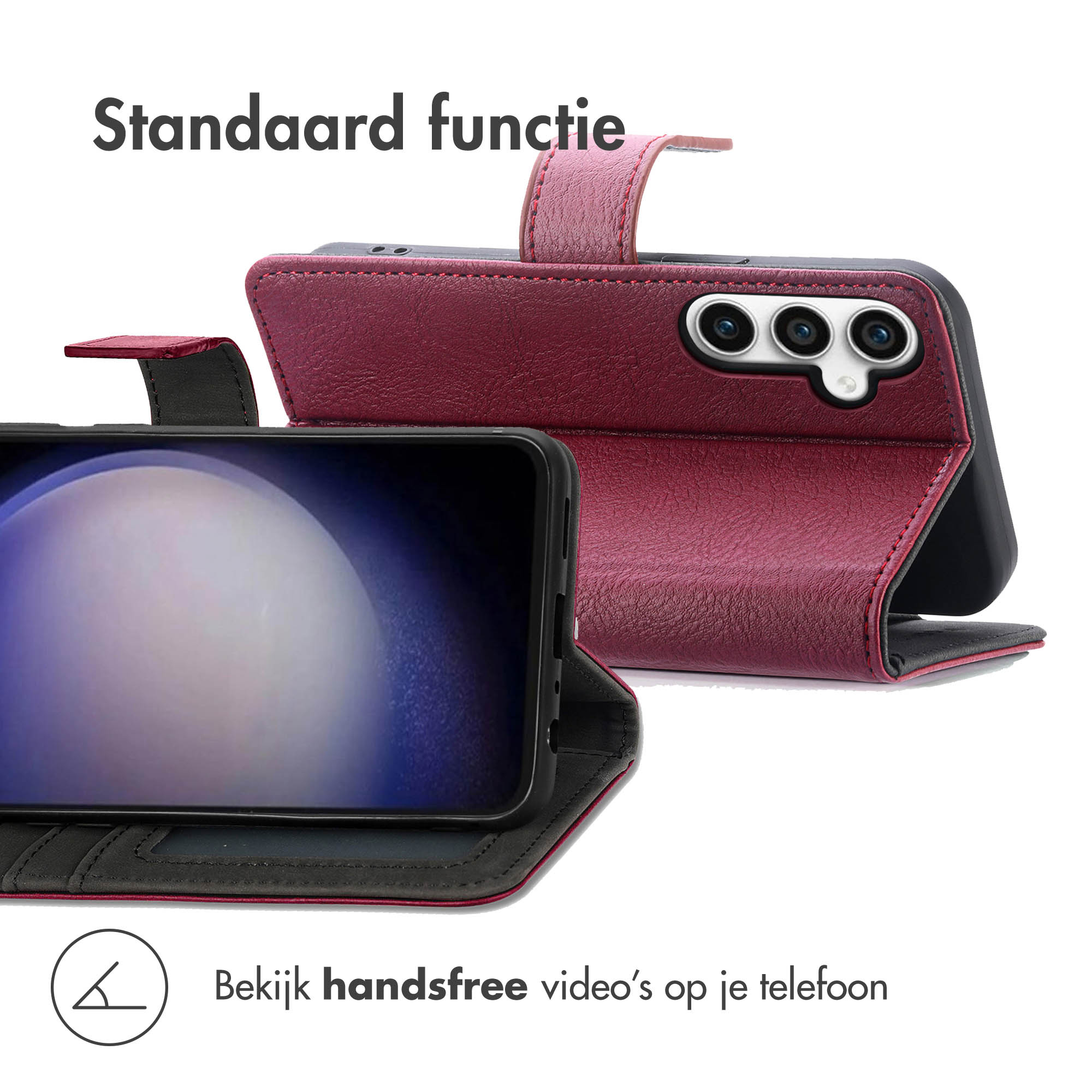 Een telefoon in een rode hoes. Tekst: Bekijk handsfree video's op je telefoon.