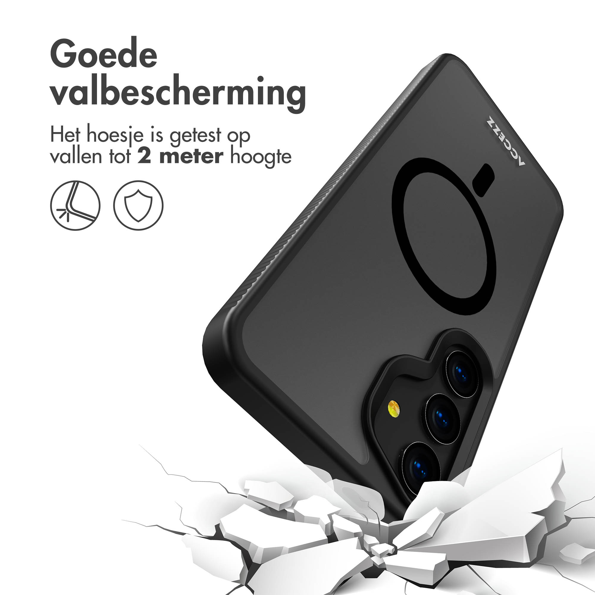 Een telefoon die valt, breekt. Tekst: Goede valbescherming. De hoes is getest tot 2 meter.