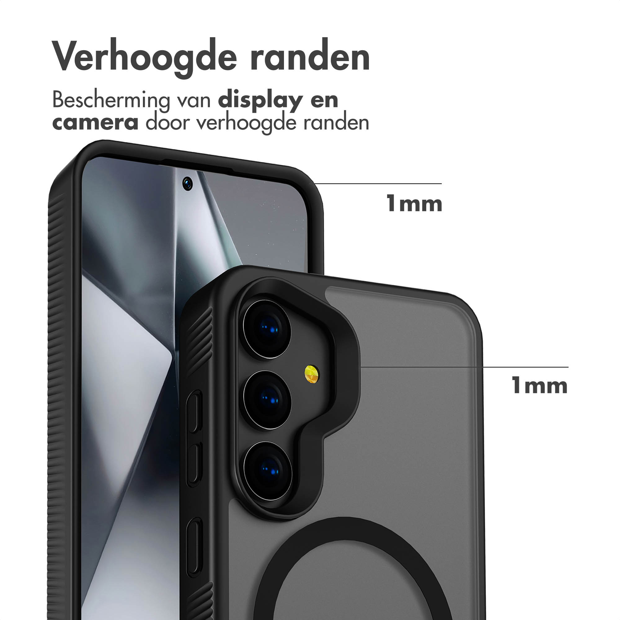 Telefoonhoesje met zwart frame en doorzichtige achterkant. Verhoogde randen zijn zichtbaar. Witte achtergrond.