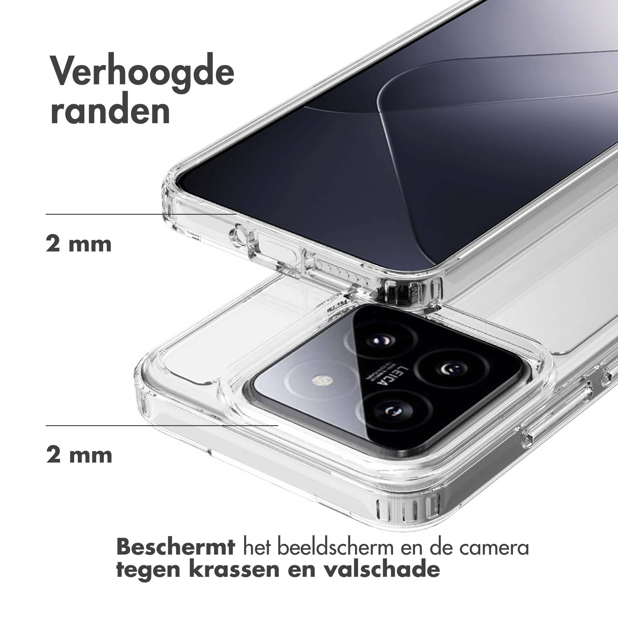 Twee transparante telefoonhoesjes op elkaar gestapeld. De rand van het scherm is zichtbaar.