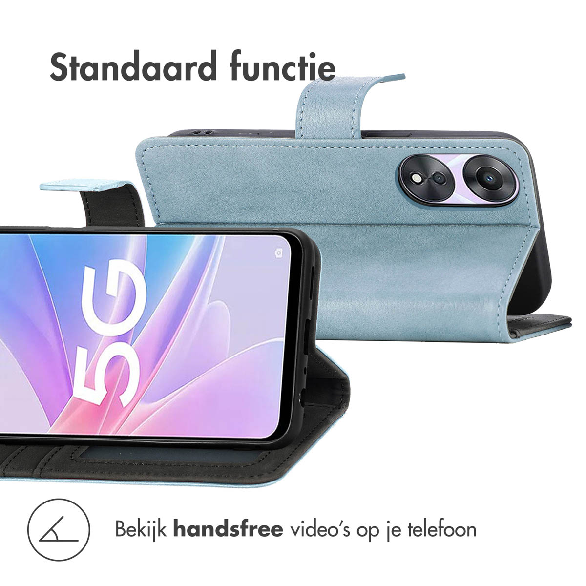 Blauwe telefoonhoes met telefoon die 5G toont, en de tekst: Bekijk handsfree video's op je telefoon.