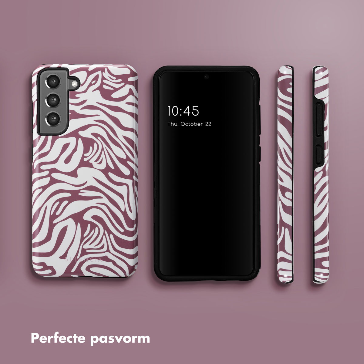 Set telefono e custodia. La custodia è bianca con un motivo zebrato bordeaux. Il telefono è nero.
