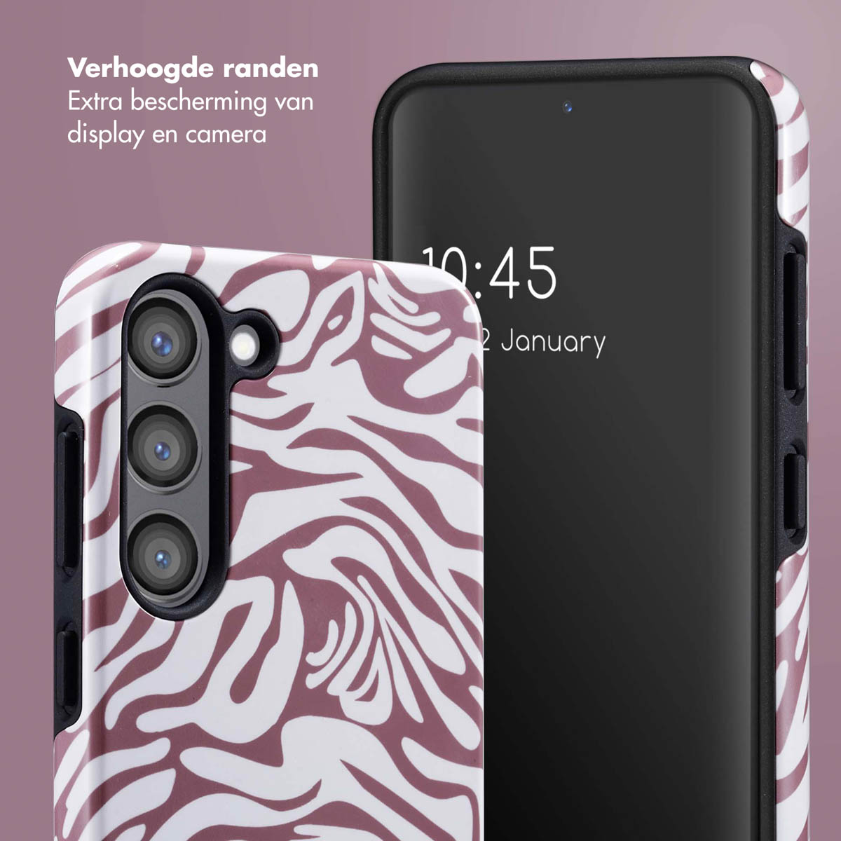 Coque de téléphone avec motif zèbre. Texte : Bords surélevés, protection supplémentaire pour l'écran et la caméra.