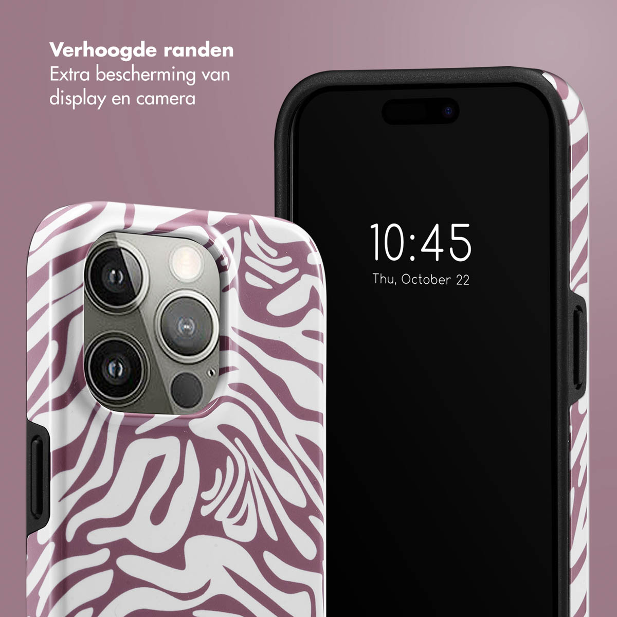 Un telefono in una custodia con un motivo zebrato è mostrato. Lo schermo mostra l'ora.