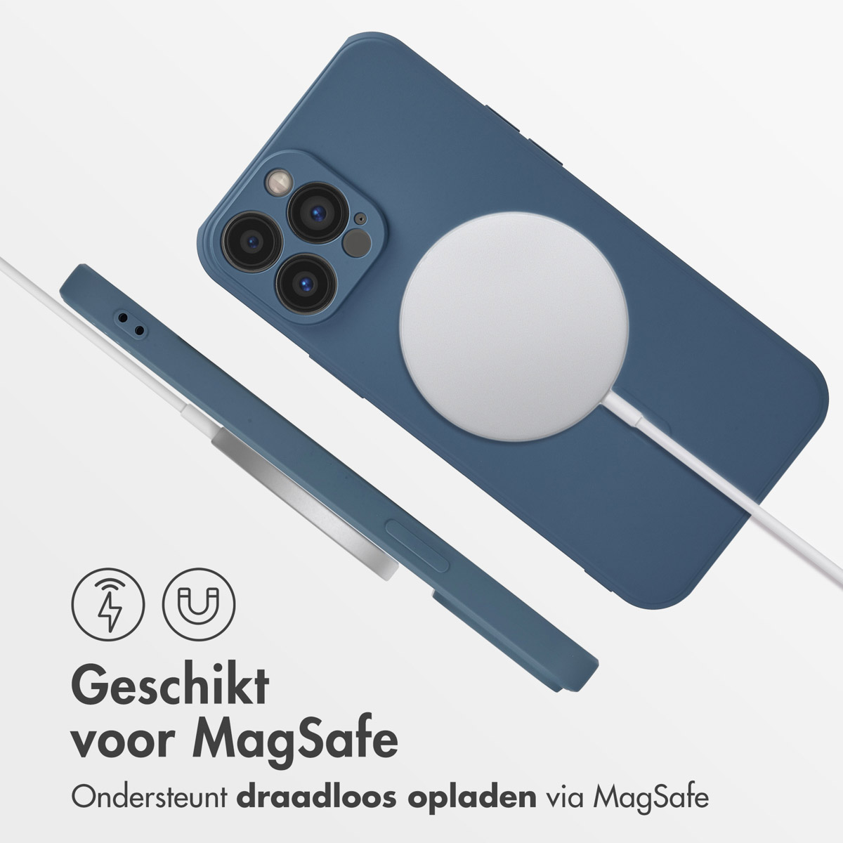 Un téléphone avec un étui bleu et un chargeur MagSafe blanc. Texte : Convient pour MagSafe.