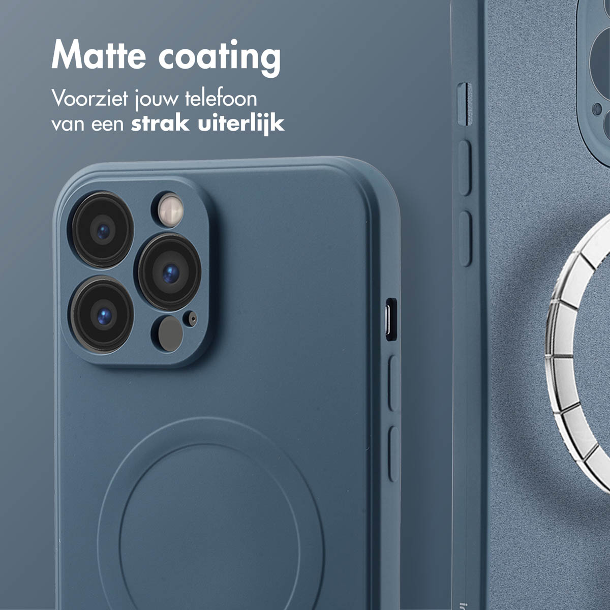Coque de téléphone bleue. Texte : Revêtement mat.