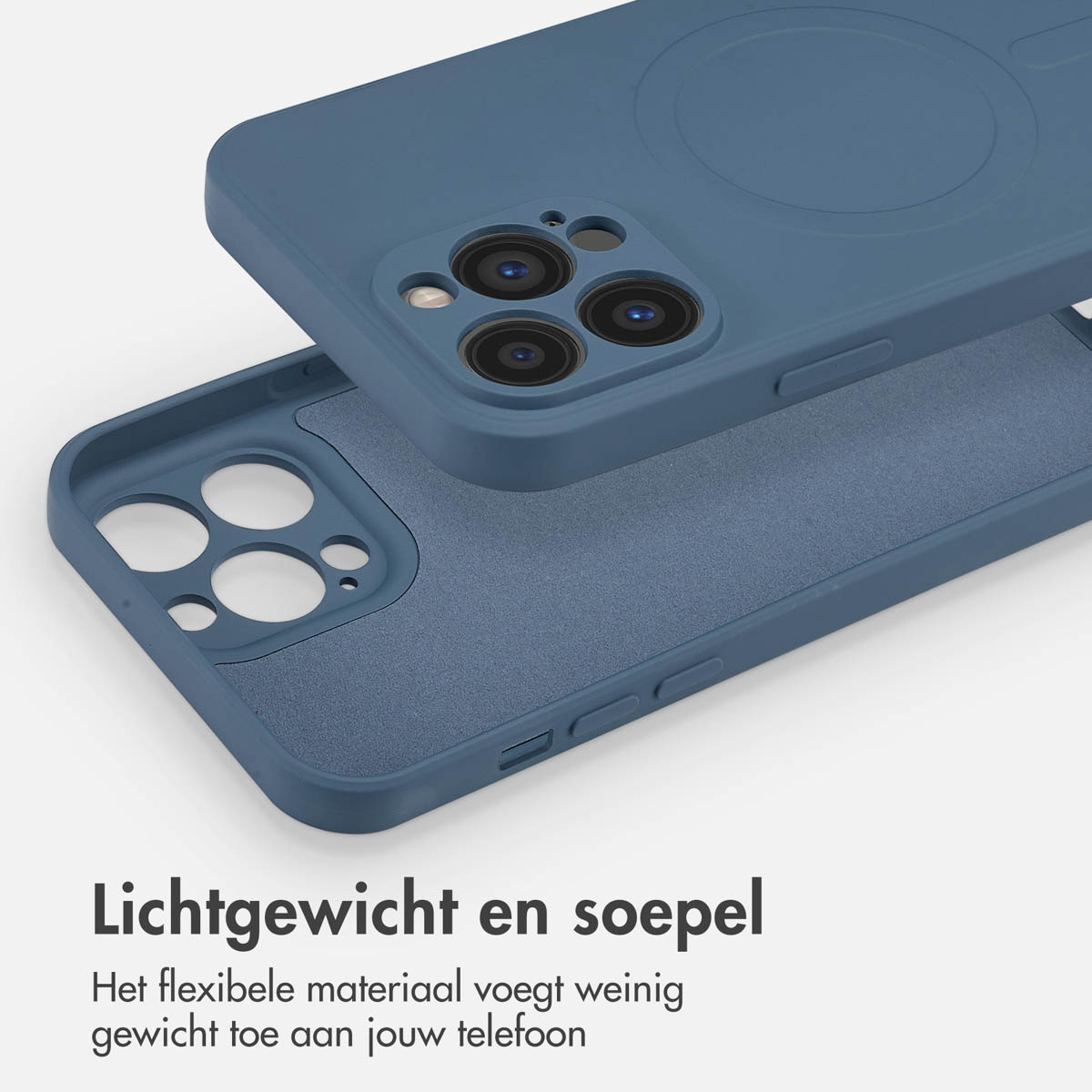 Coque de téléphone bleue, montrant l'intérieur et l'extérieur avec le texte Lichtgewicht en soepel.