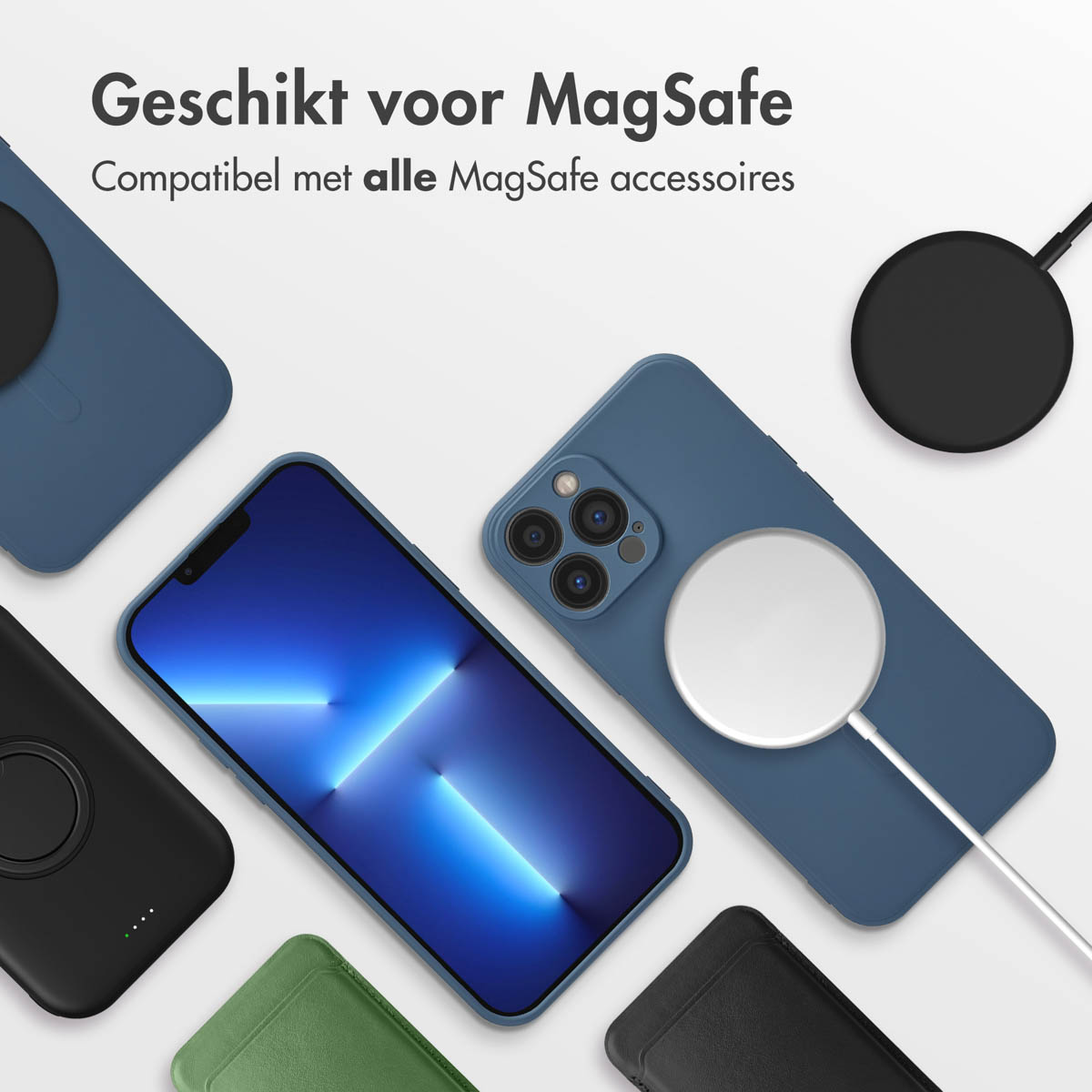 Plusieurs étuis de téléphone et accessoires MagSafe. Un téléphone est au centre avec un écran lumineux.