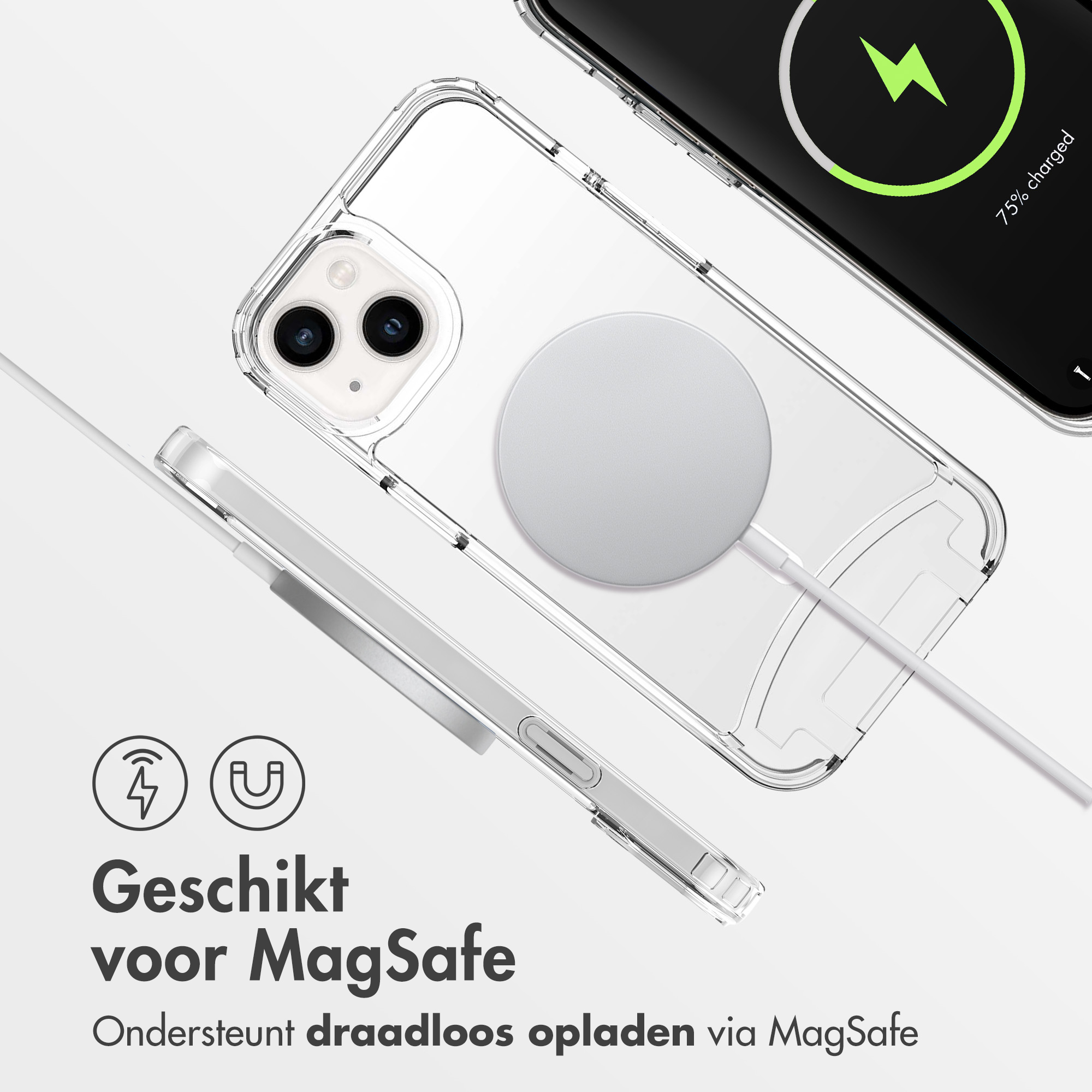 Una custodia trasparente per telefono con un caricabatterie MagSafe e un telefono in carica, che mostra un'icona della batteria verde.