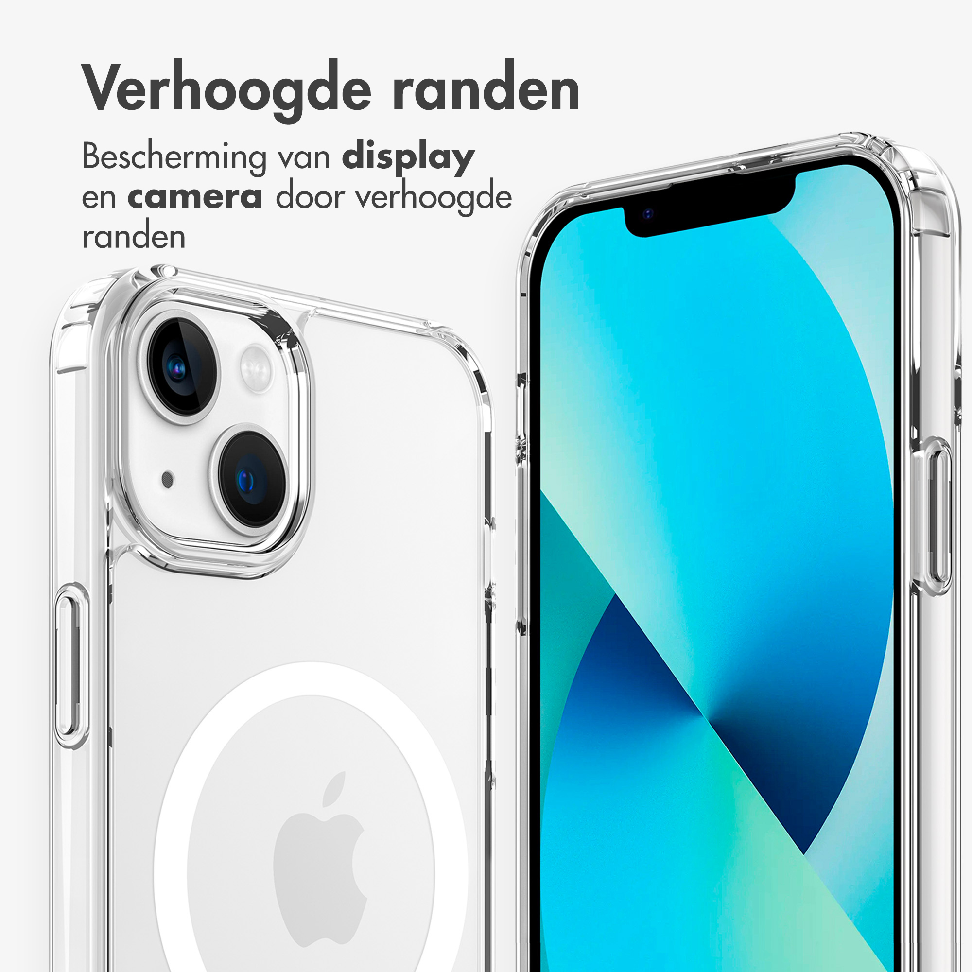 Un telefono in una custodia trasparente. Testo: Bordi rialzati. Protezione del display e della fotocamera.