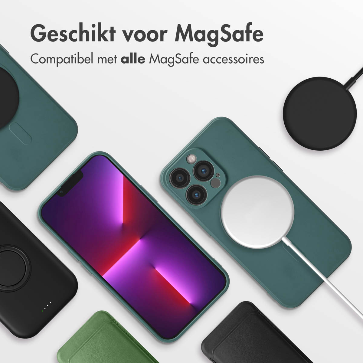 Telefoons met MagSafe-accessoires. Tekst: Geschikt voor MagSafe. Compatibel met MagSafe-accessoires.