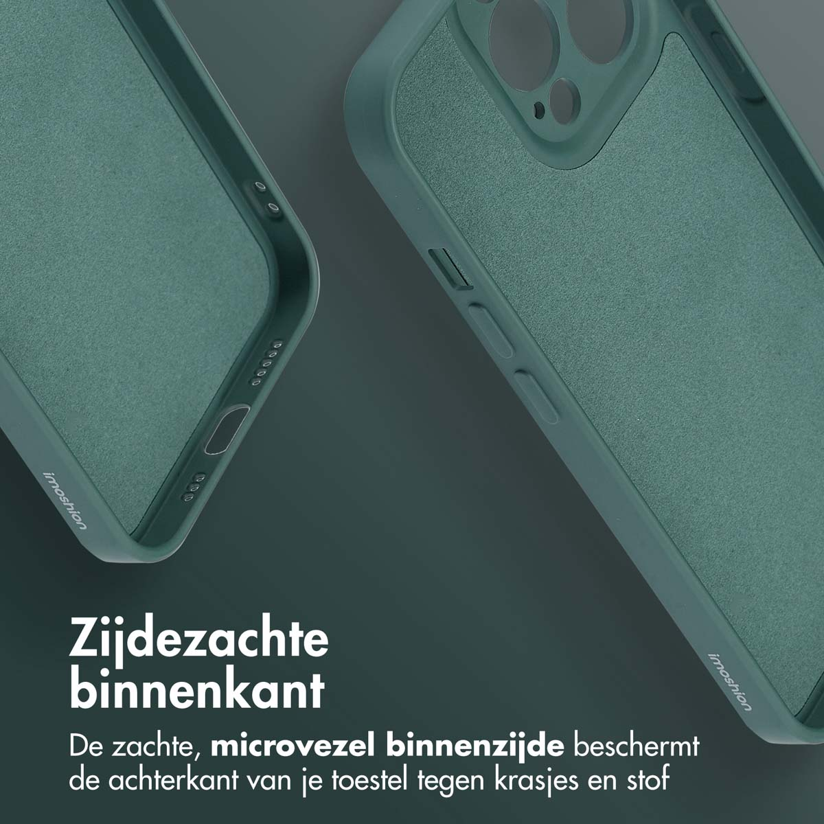 Groene en blauwe telefoonhoes. Tekst: Zachte binnenkant, beschermt de achterkant tegen krassen.