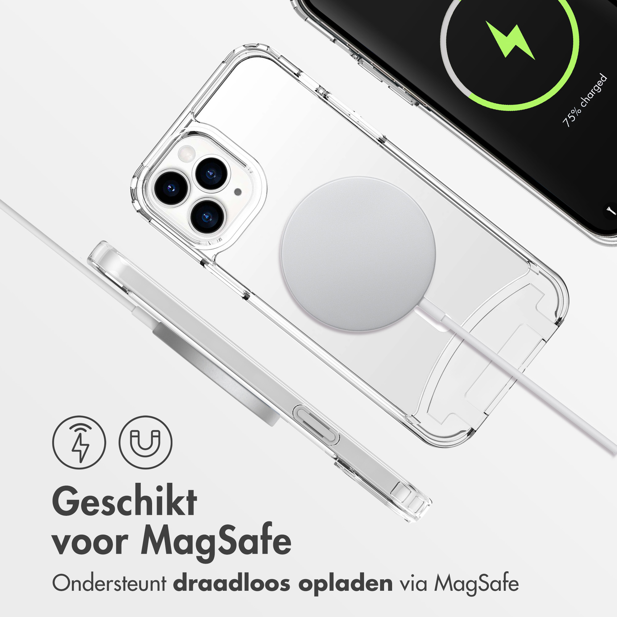 Una custodia trasparente per telefono con un caricabatterie MagSafe e un telefono in carica, che mostra un'icona della batteria verde.