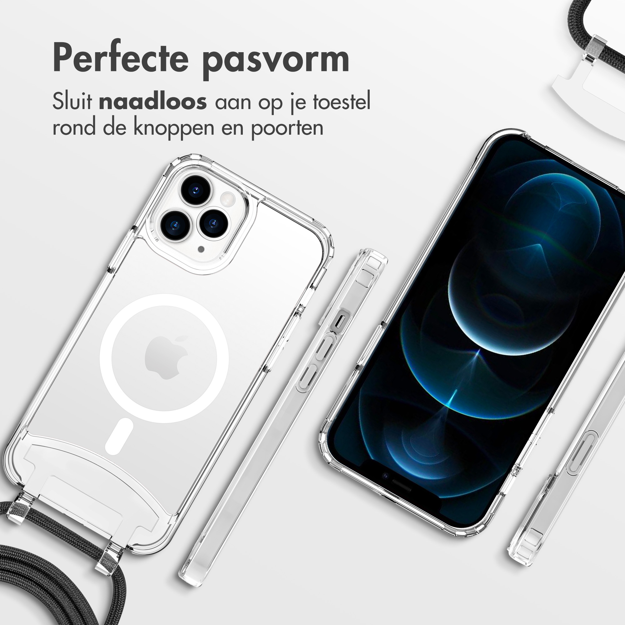 Custodia trasparente con un telefono all'interno, che mostra uno schermo, con il testo: Perfecte pasvorm.