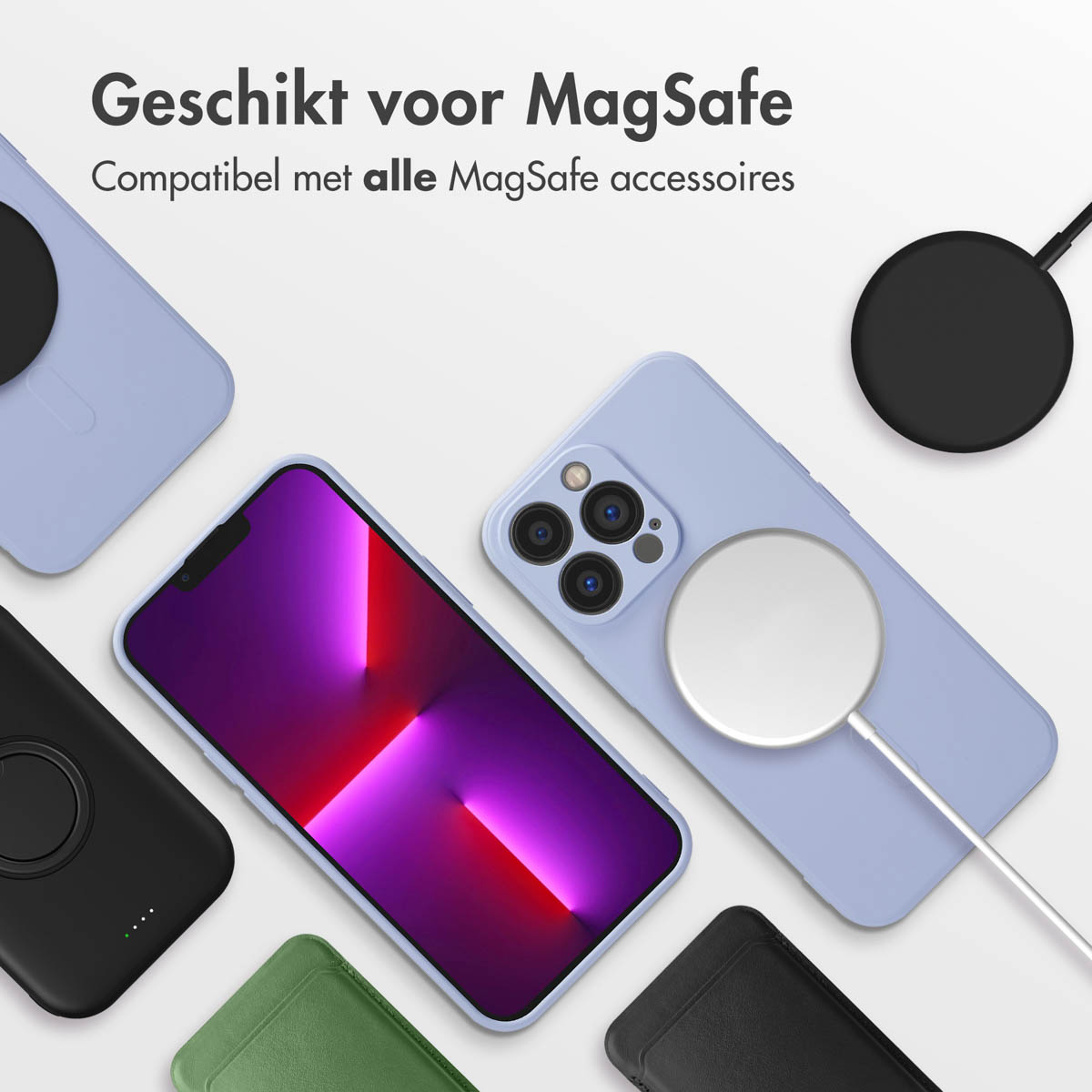 Telefoons met MagSafe hoesjes en opladers. Tekst: Geschikt voor MagSafe.