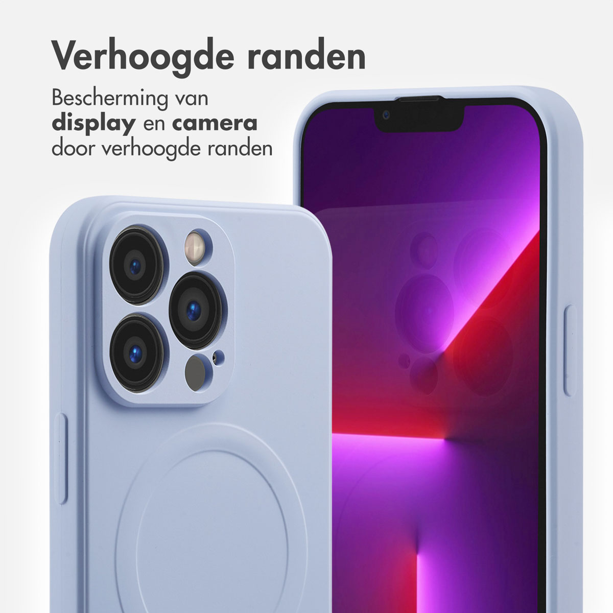 Twee telefoons, een lichtblauw, een paars scherm. Beide hebben verhoogde randen rondom de camera.
