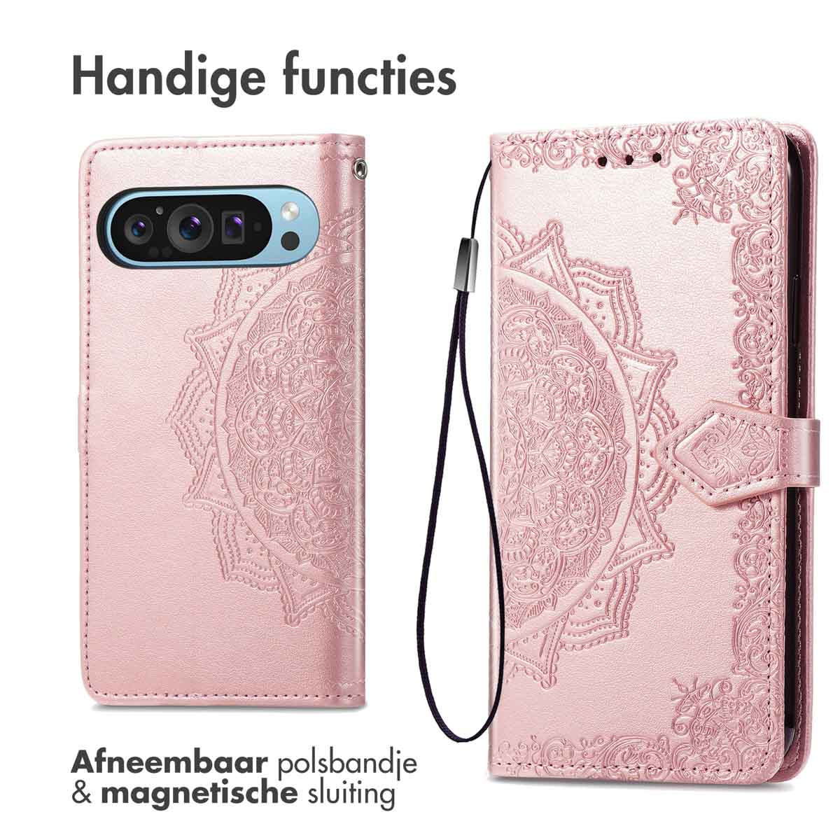 Roze telefoonportemonnee met een bloemenpatroon en een afneembare polsband.