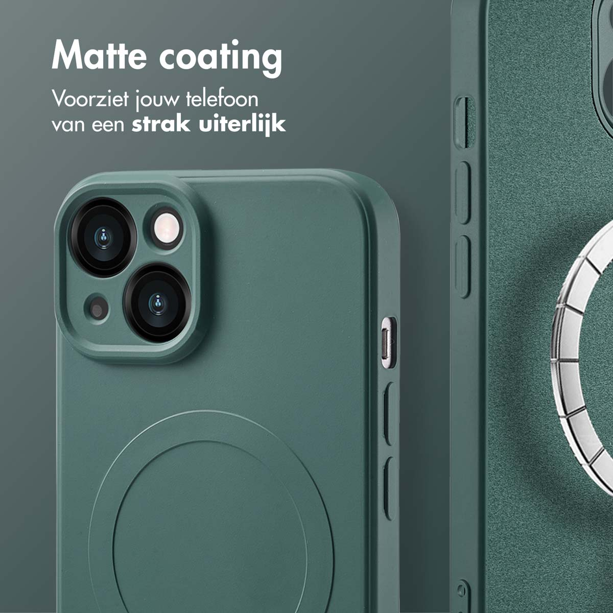 Une coque de téléphone verte avec un téléphone vert. La coque a un design circulaire, avec un anneau métallique.