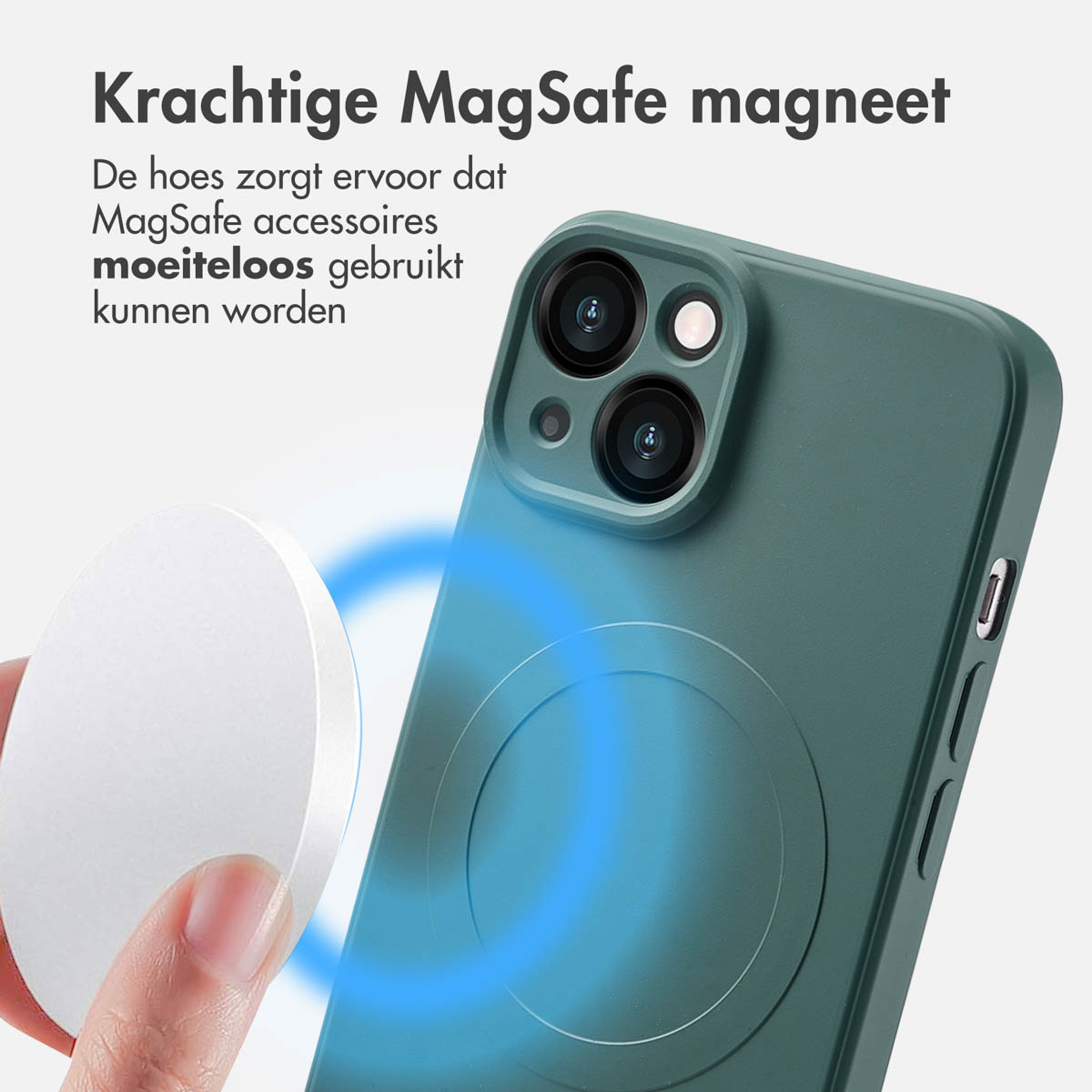 Un téléphone avec un chargeur MagSafe. Texte : Aimant MagSafe puissant. Les accessoires peuvent être utilisés sans effort.