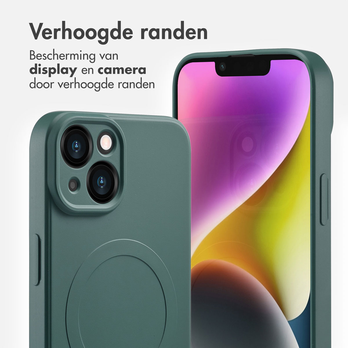 Coque de téléphone verte sur un téléphone. La coque a un design circulaire. Fond blanc.