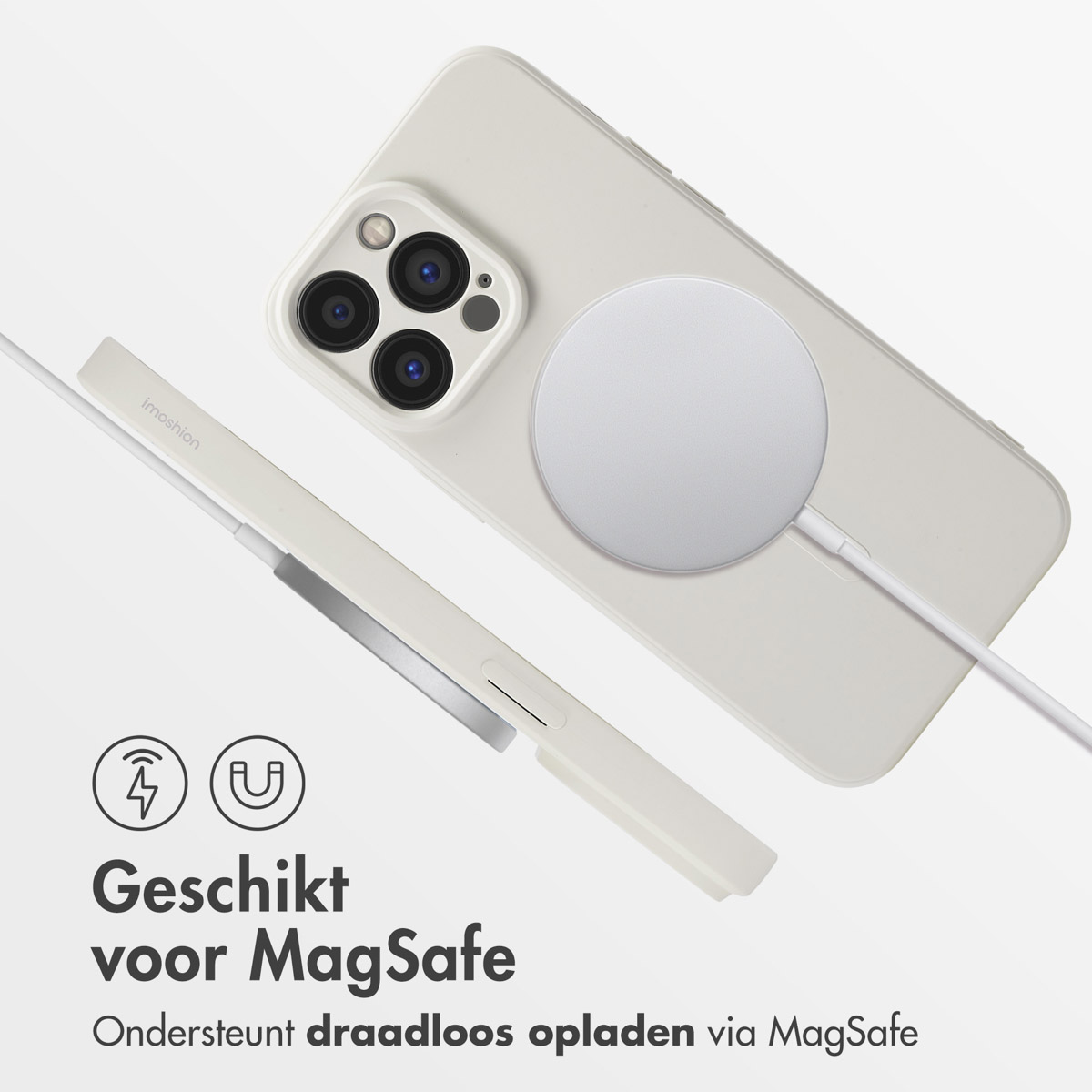 Witte telefoon met MagSafe-lader. Tekst: Geschikt voor MagSafe. Ondersteunt draadloos opladen.
