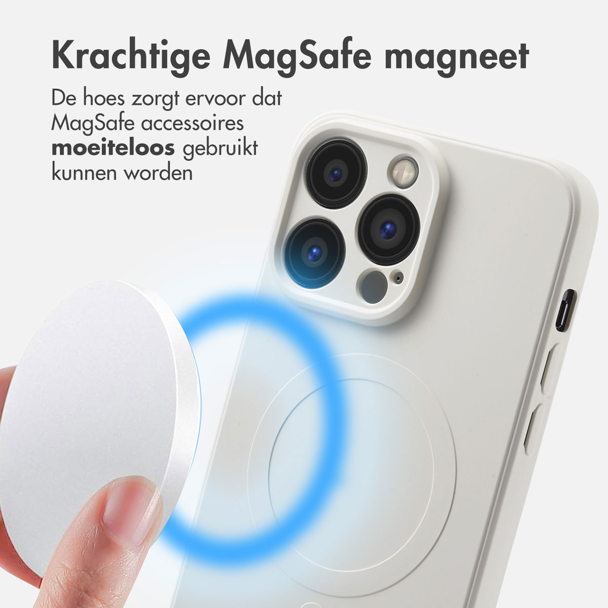 Witte telefoonhoes met MagSafe oplader. Tekst: Krachtige MagSafe magneet.