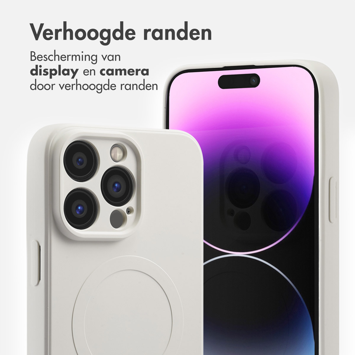 Witte telefoon met witte hoes. De hoes heeft verhoogde randen voor bescherming.