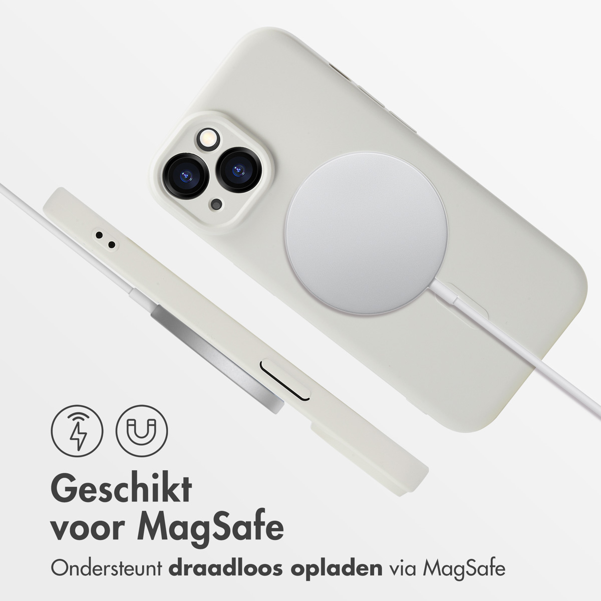 White phone with MagSafe charger and charging symbol, highlighting wireless charging via MagSafe.