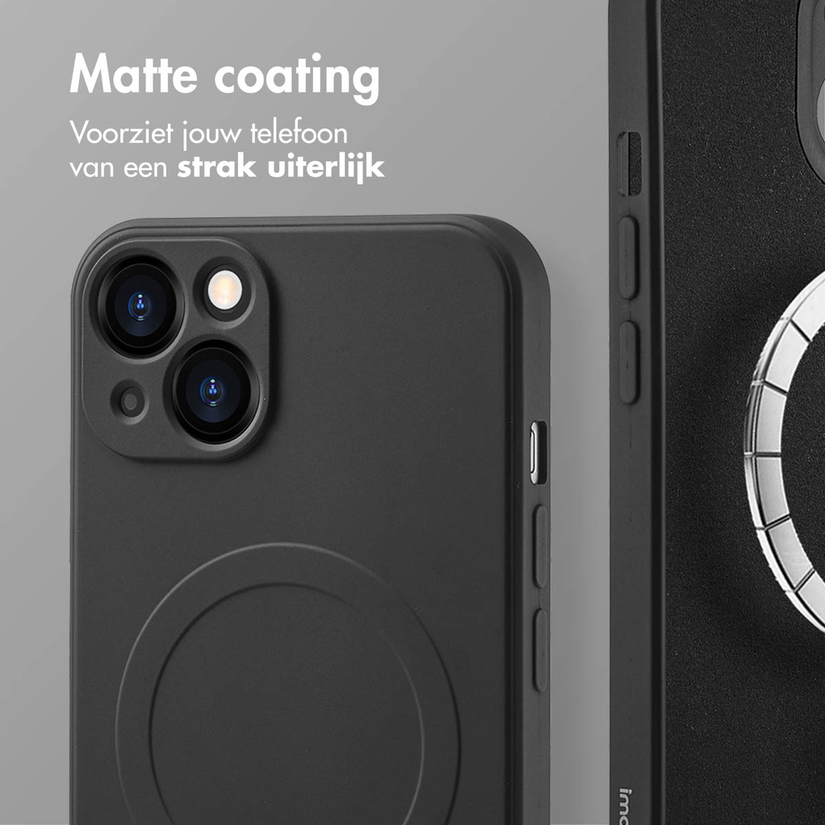 Zwarte telefoonhoes. De hoes bedekt de achterkant en zijkanten van de telefoon.