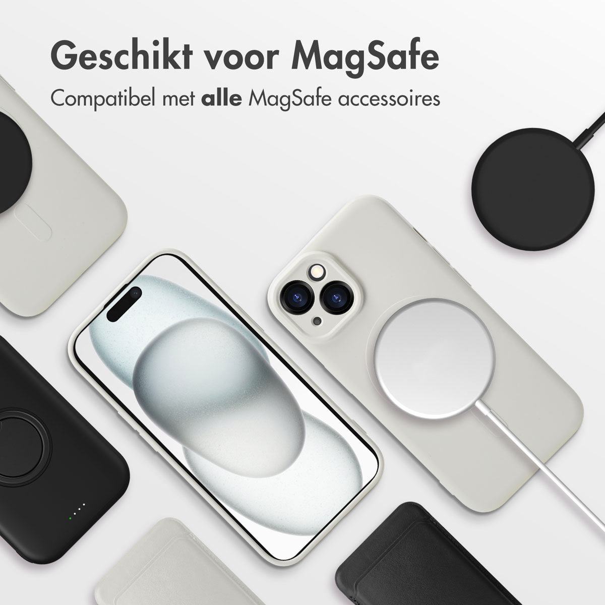 Multiple iPhones with MagSafe accessories, featuring white and black phone cases on a white background.