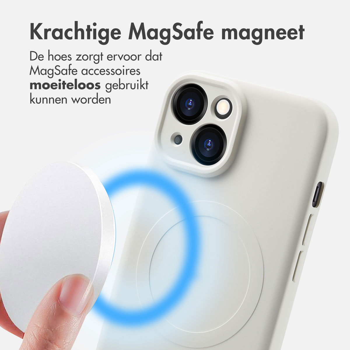Close-up of a phone in a case with a MagSafe charger attached. Text: 'Strong MagSafe magnet'.