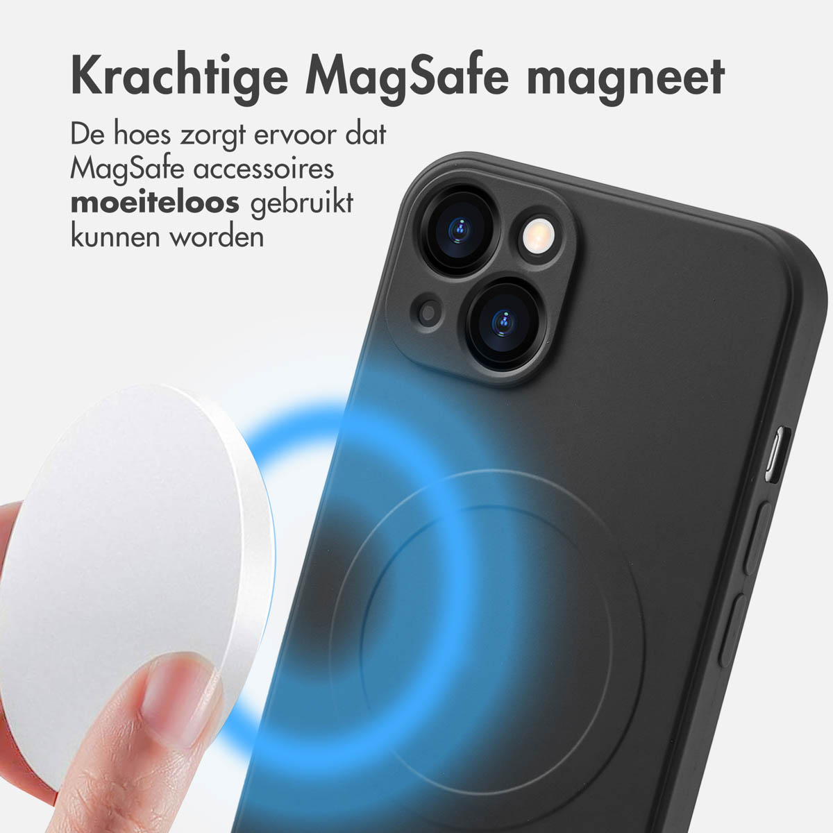 Zwarte telefoon met een MagSafe-magneet. Witte MagSafe-oplader wordt getoond. Blauwe cirkel rond de magneet.