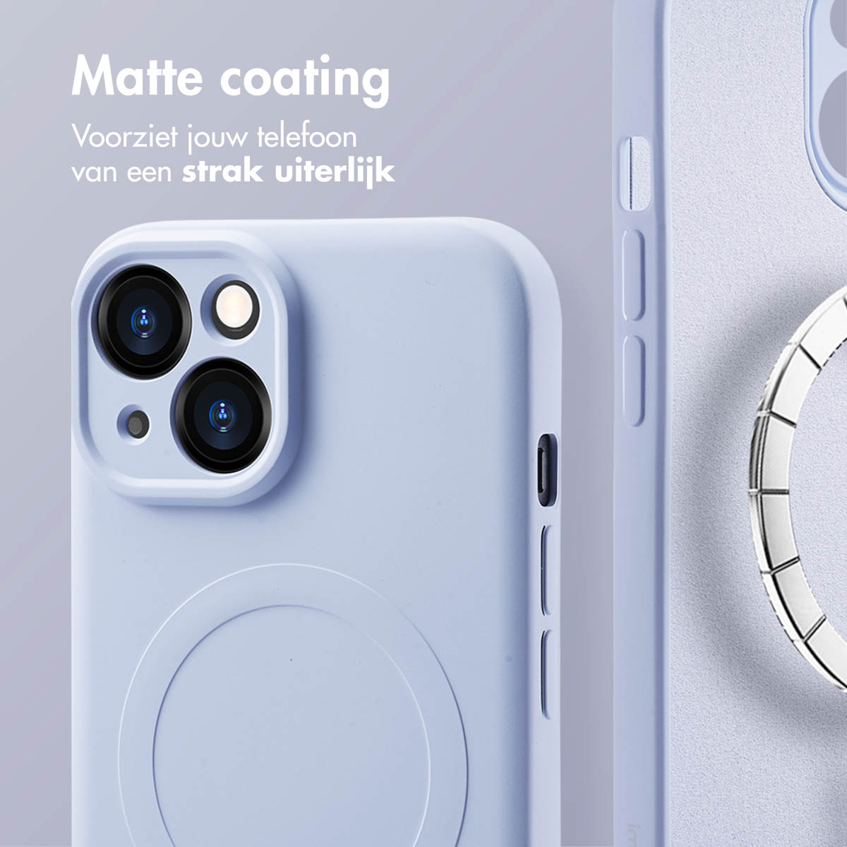 Two phone cases, one purple and one black, with a MagSafe ring. They have a matte coating.