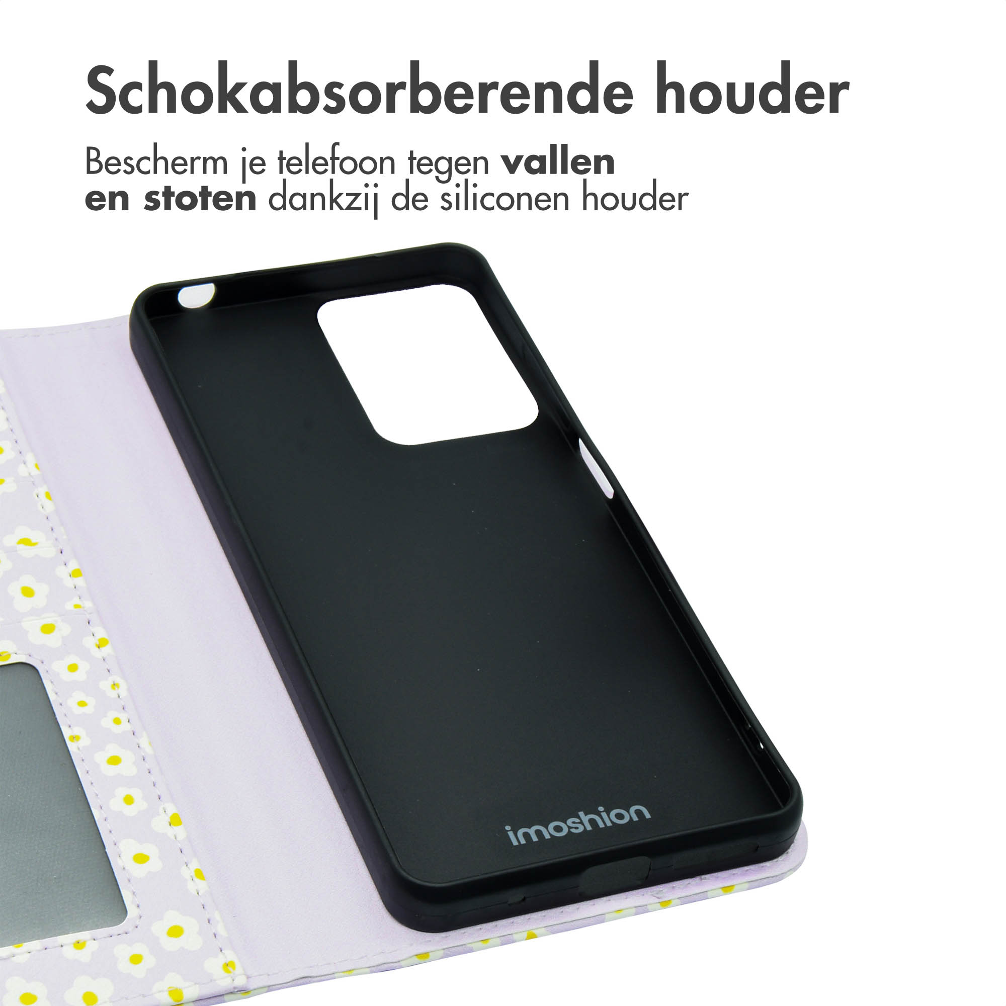 Zwarte telefoonhoes open, met bloemenpatroon binnenvoering. De hoes wordt open getoond op een witte ondergrond.